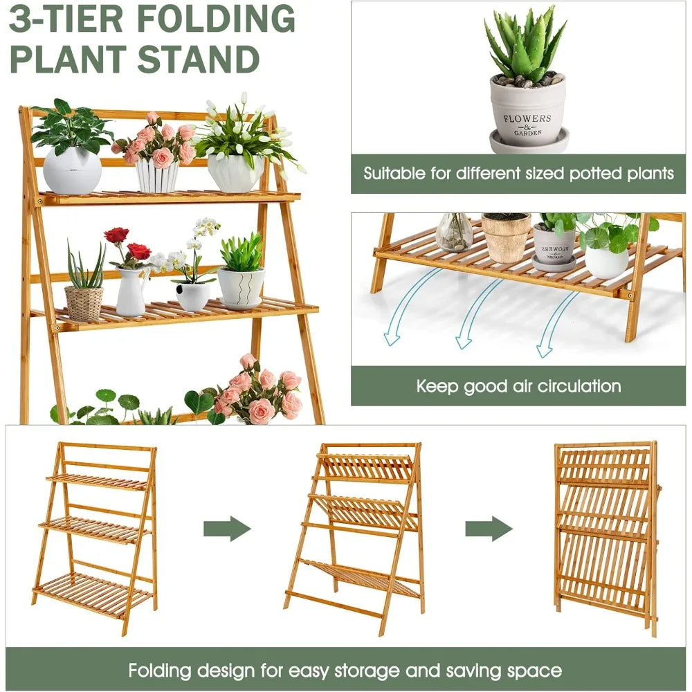 Bamboo Plant Stand Foldable 3 Tier Display Ladder Shelf