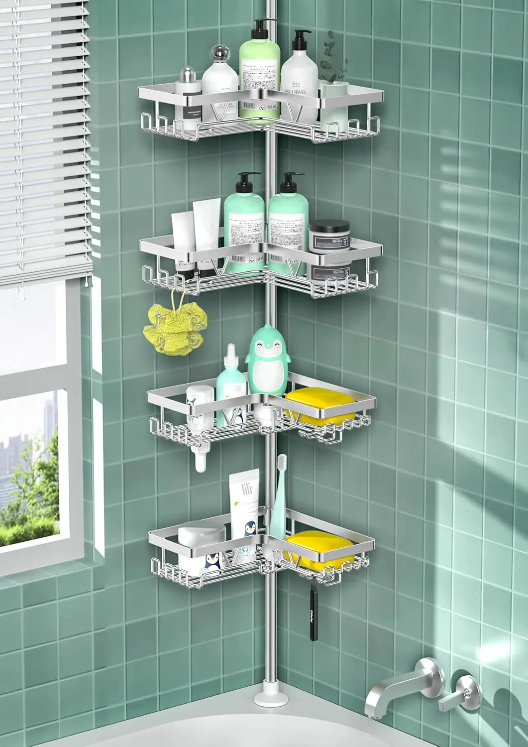Corner Shower Caddy Tension Pole 4 Tier Stainless Steel