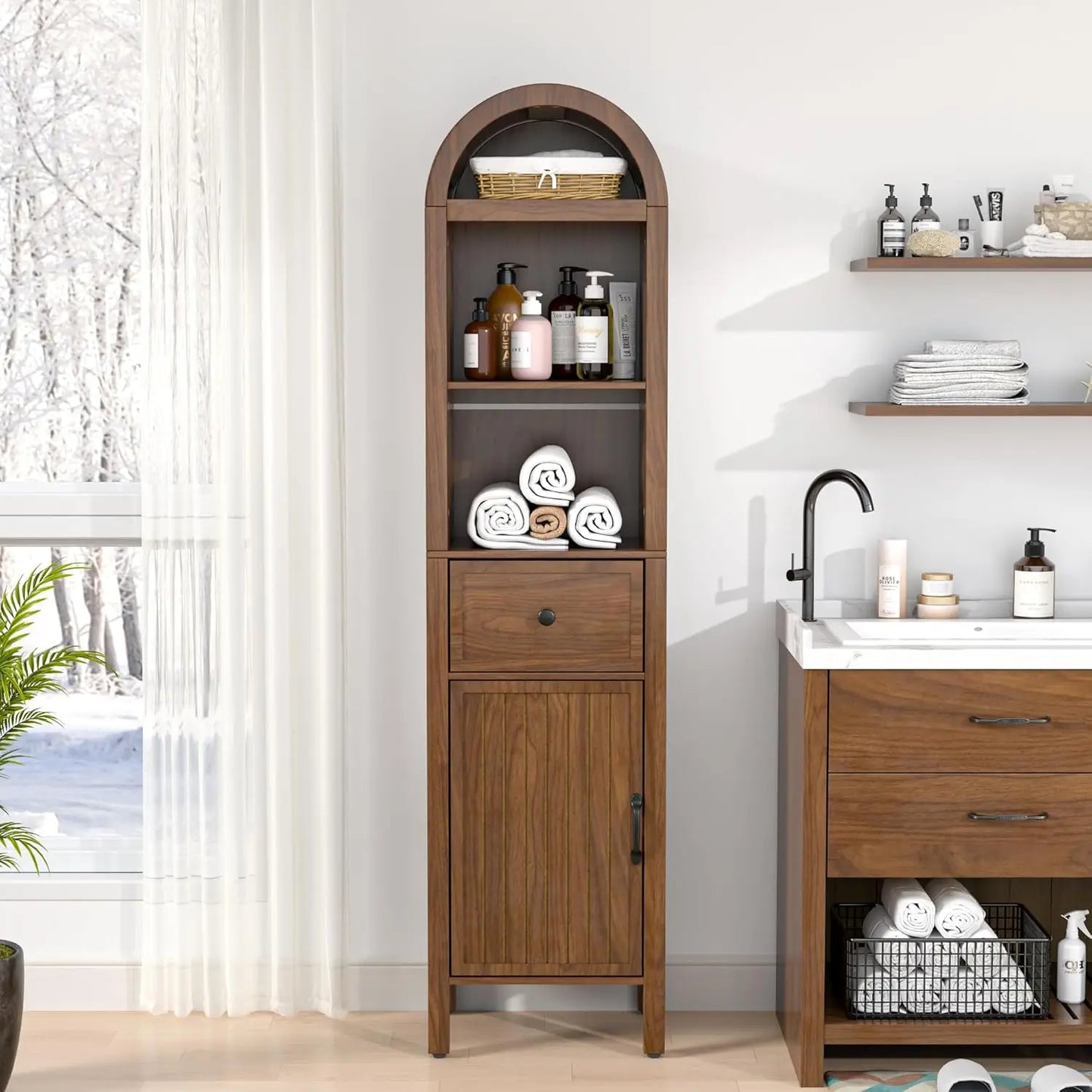 Adjustable Shelves Arched Freestanding Cabinet With Fluted Doors