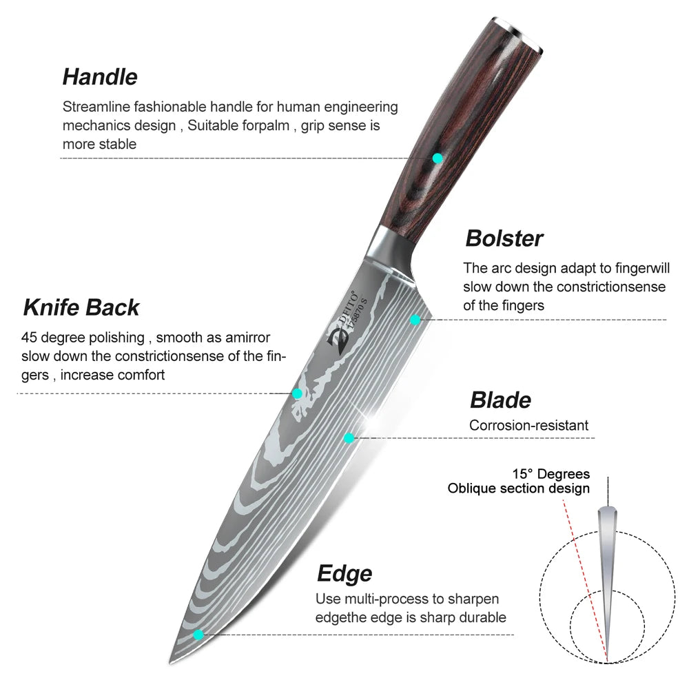 Kitchen Knife Set 7Cr17Mov Stainless Steel Chef Santoku Cleaver
