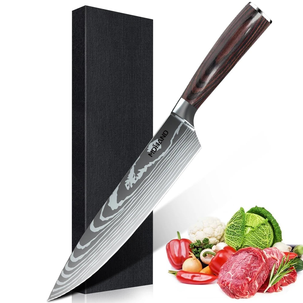 Damascus Pattern Chef Knives Set Stainless Steel Handles
