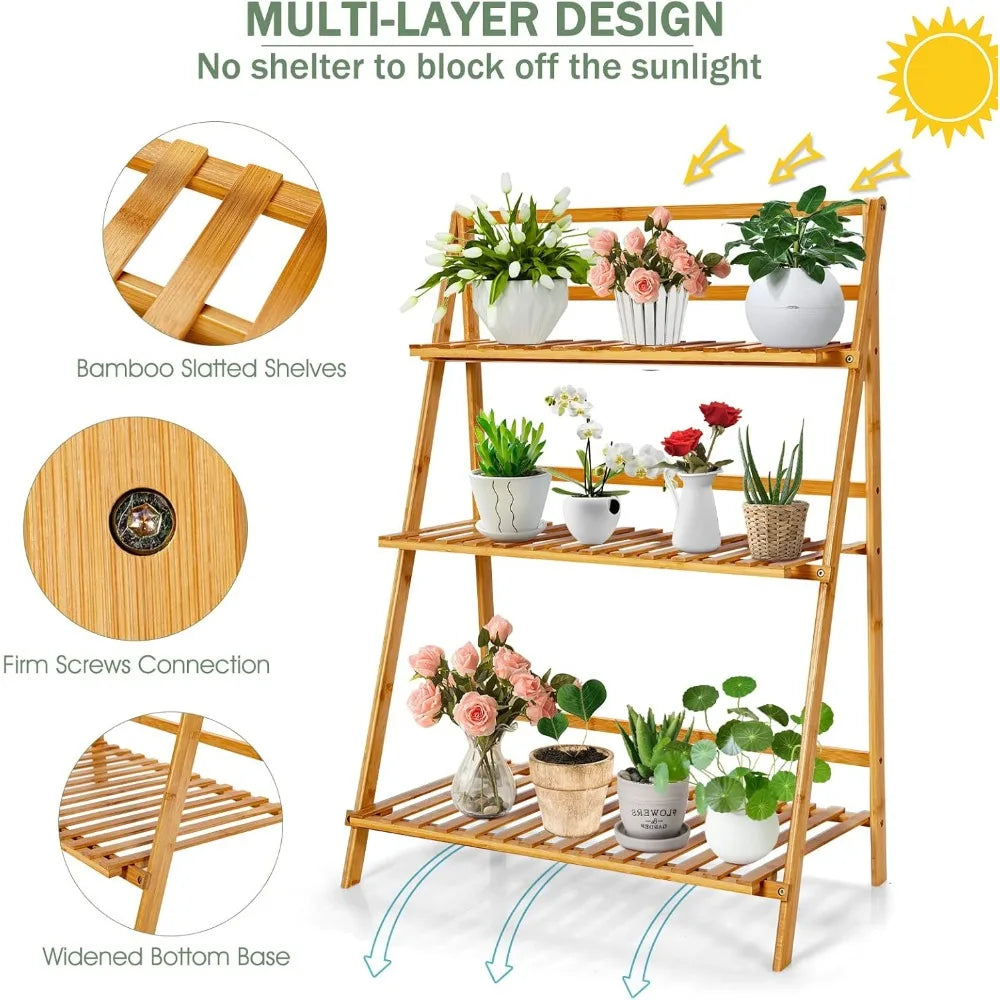 Bamboo Plant Stand Foldable 3 Tier Display Ladder Shelf