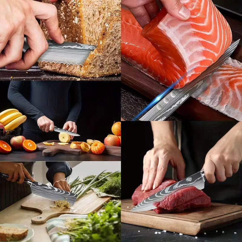 Damascus Pattern Chef Knives Set Stainless Steel Handles