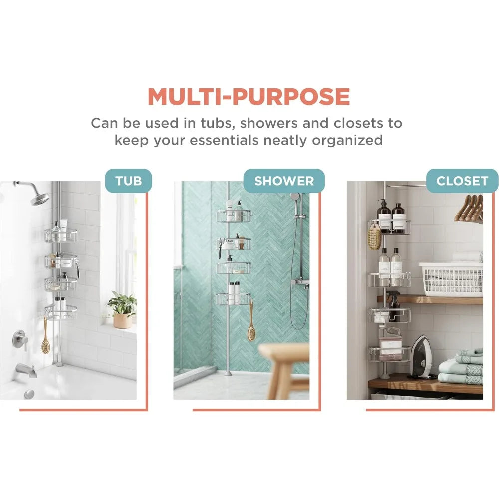 Tension Pole Shower Caddy With 4 Shelves Rustproof Aluminum