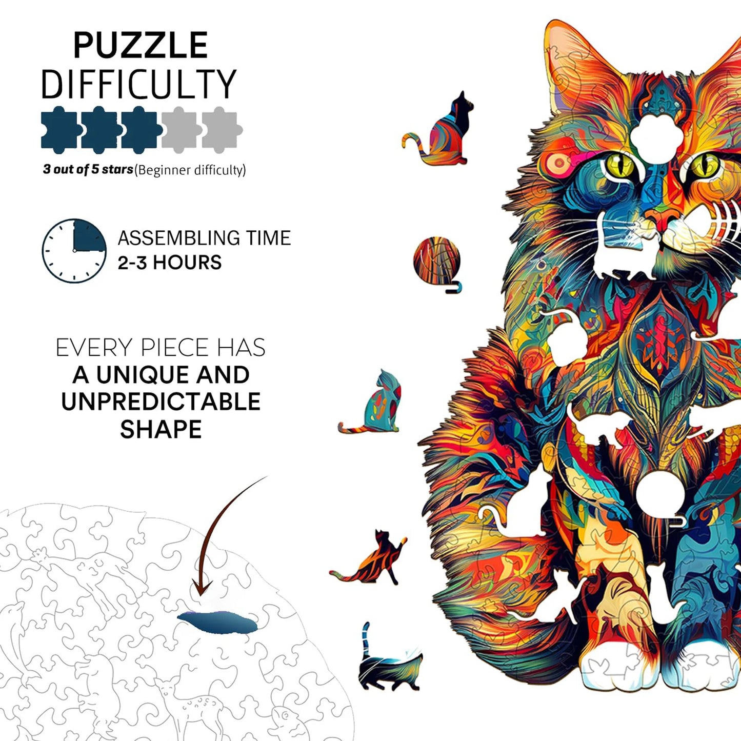 Cat Pattern Wooden Puzzle Three Dimensional Animal Shape Educational Toy