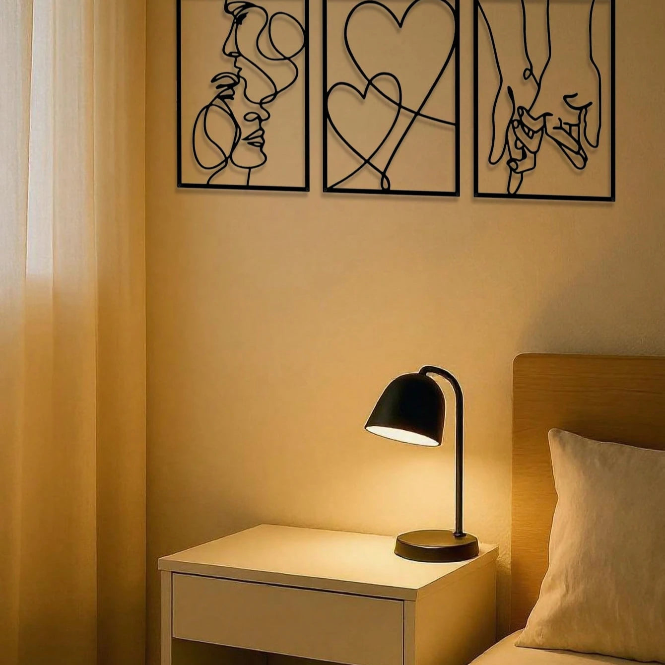 3-Piece Romanticized-Ornate-Design Metal Wall Art Ensemble Depicting Silhouettes