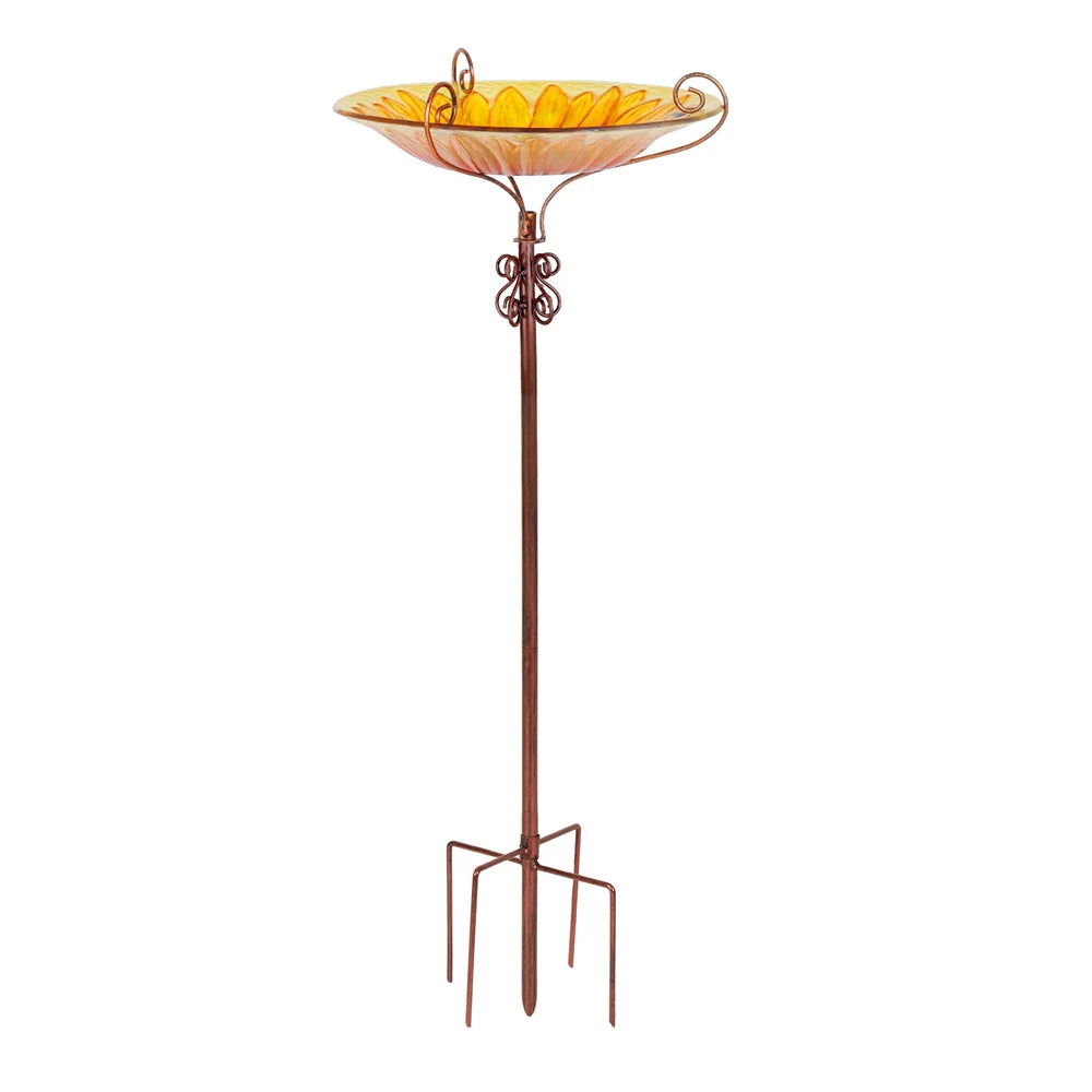Feature Glass Bird Bath And Feeder On Metal Stake For Garden Decor
