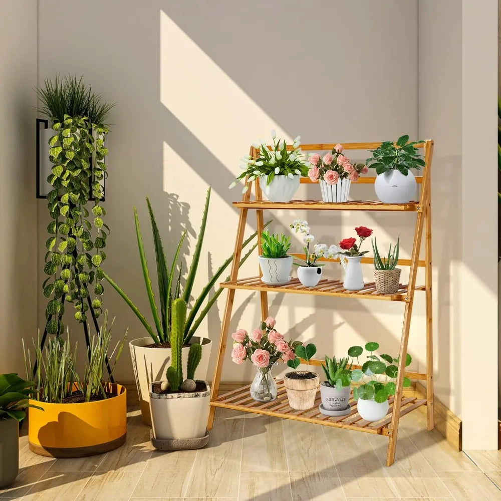 Bamboo Plant Stand Foldable 3 Tier Display Ladder Shelf