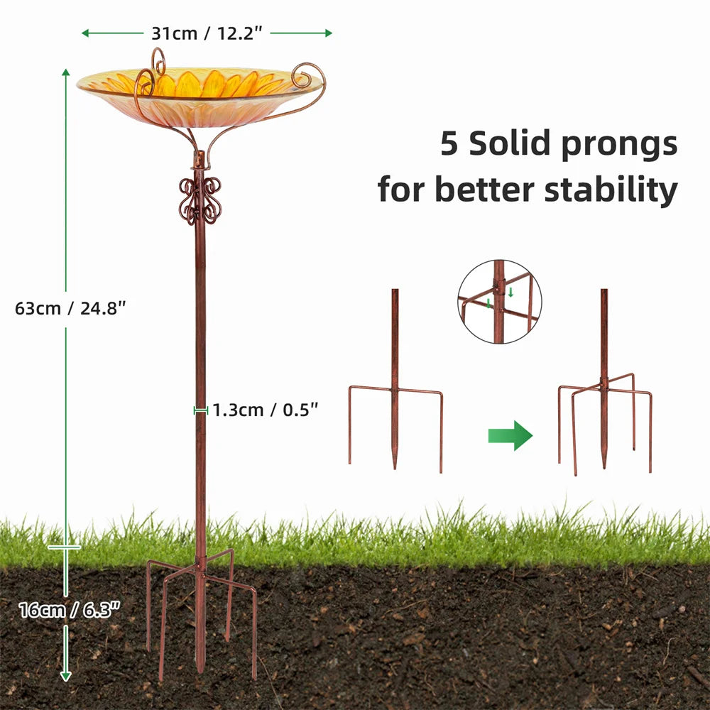 Feature Glass Bird Bath And Feeder On Metal Stake For Garden Decor