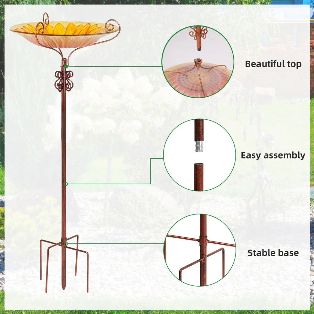 Feature Glass Bird Bath And Feeder On Metal Stake For Garden Decor