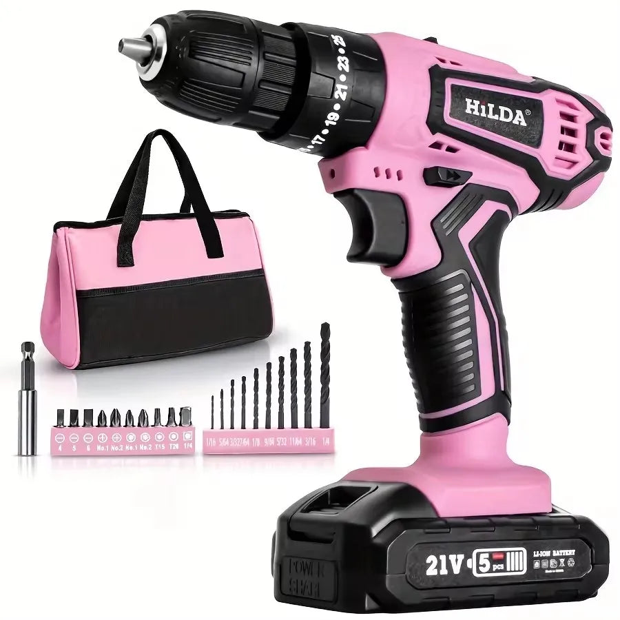 HILDA 21V Pink Drill DC Lithium ion Battery with Bag Cordless Drill Mini Wireless Power Driver Electric Tool