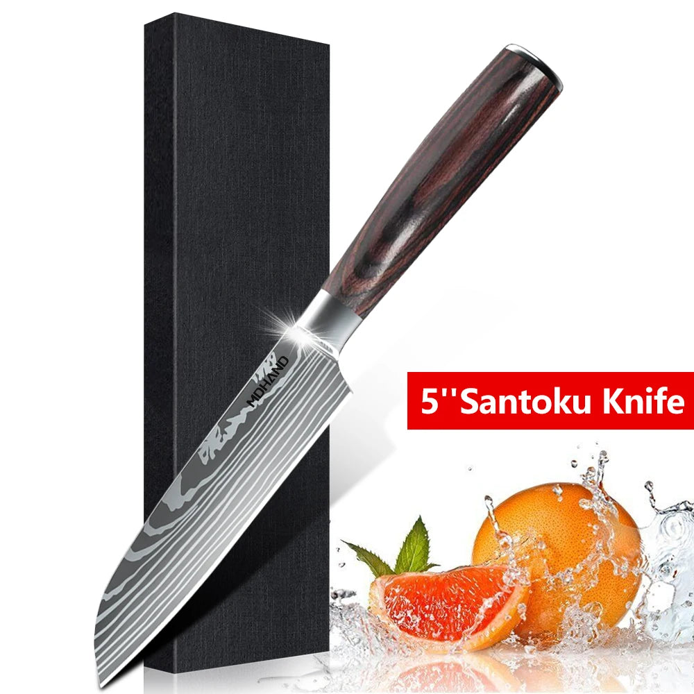 Damascus Pattern Chef Knives Set Stainless Steel Handles