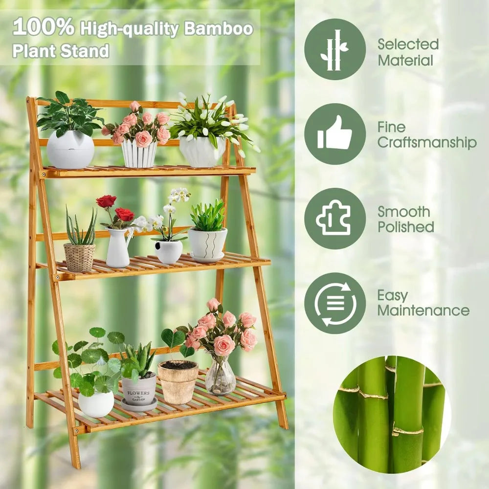 Bamboo Plant Stand Foldable 3 Tier Display Ladder Shelf