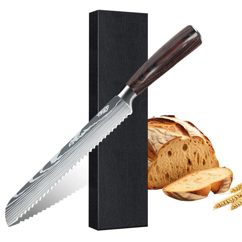 Damascus Pattern Chef Knives Set Stainless Steel Handles