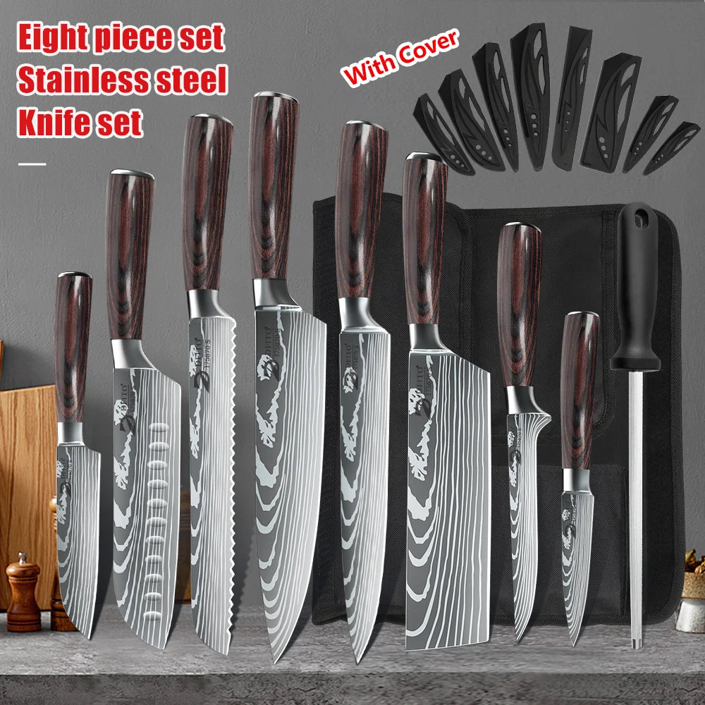 Kitchen Knife Set 7Cr17Mov Stainless Steel Chef Santoku Cleaver