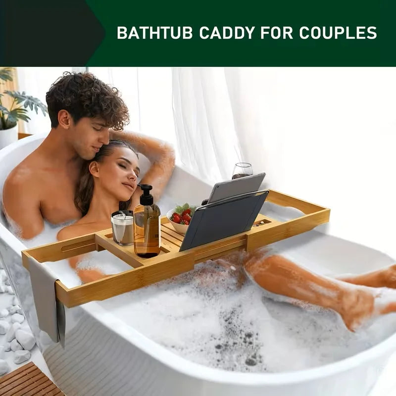 Expandable Bamboo Bathtub Tray With Wine Holder And Book Stand
