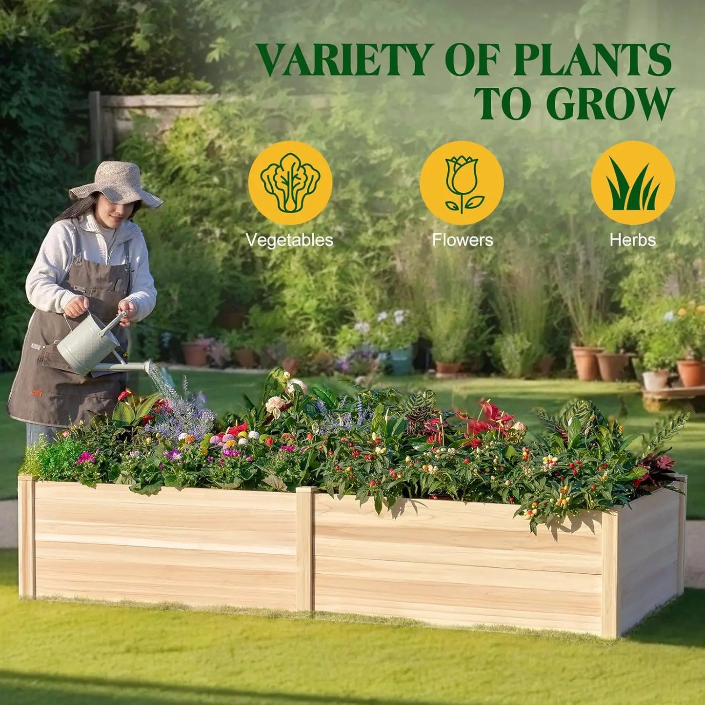 8x4 Ft Wood Raised Garden Bed, Durable 15 Inch Depth Planter Box for Vegetables, Herbs, and Flowers