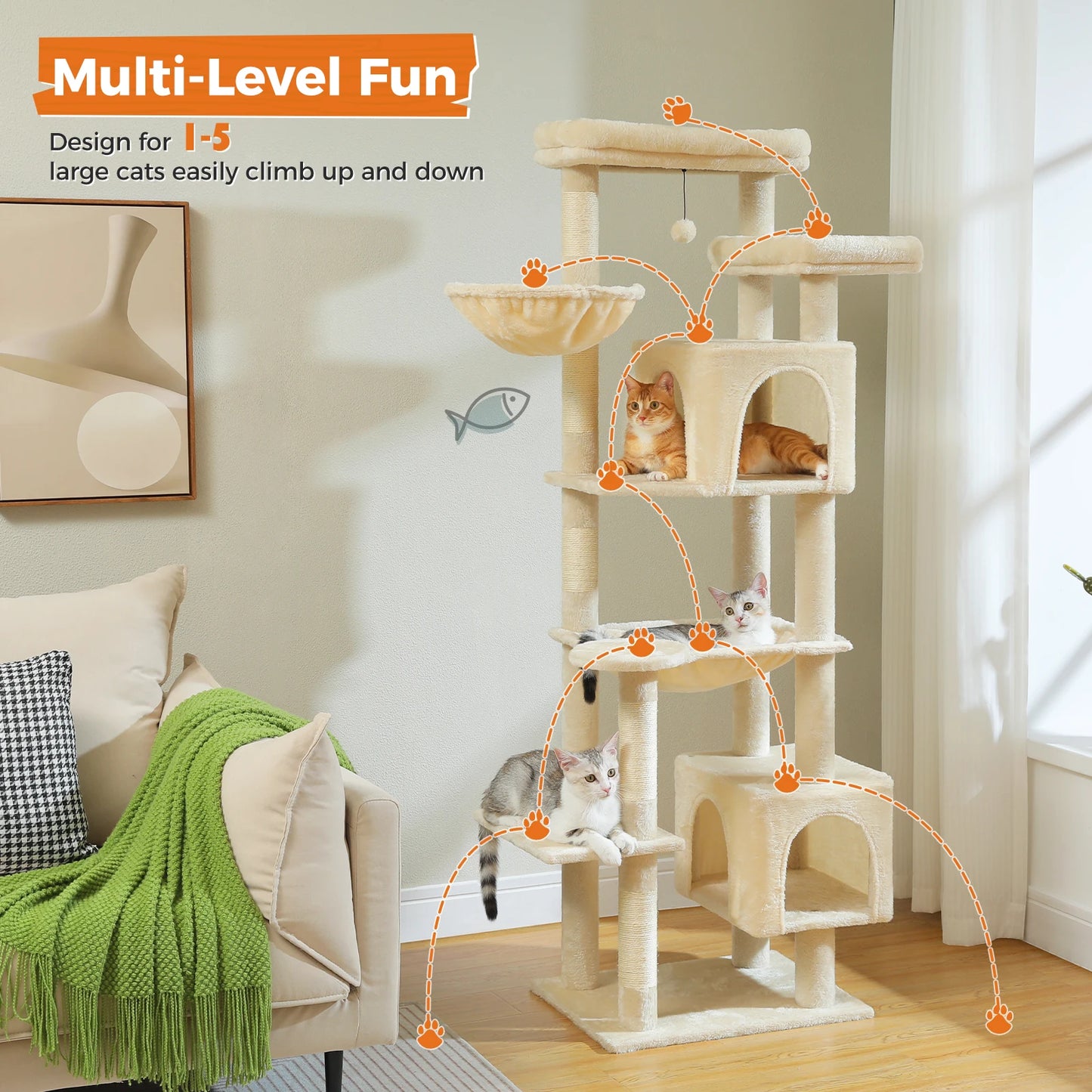 PAWZ Road Five Level Cat Tree Tower With Plush Condo Scratching Posts Boards