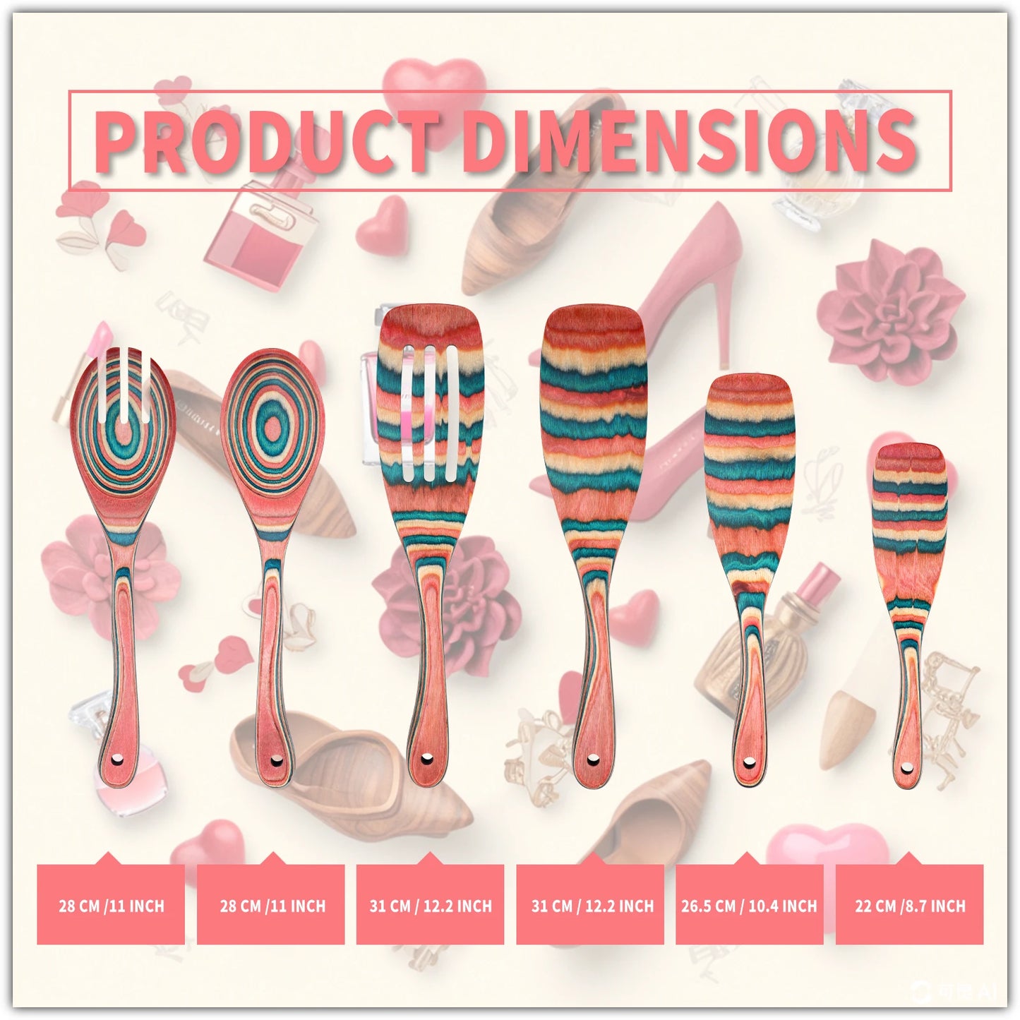 6PCS Wooden Spoons for Cooking, Pakkawood Kitchen Cooking Utensils Set, Wood Serving Spatula spoon, Salad Tongs