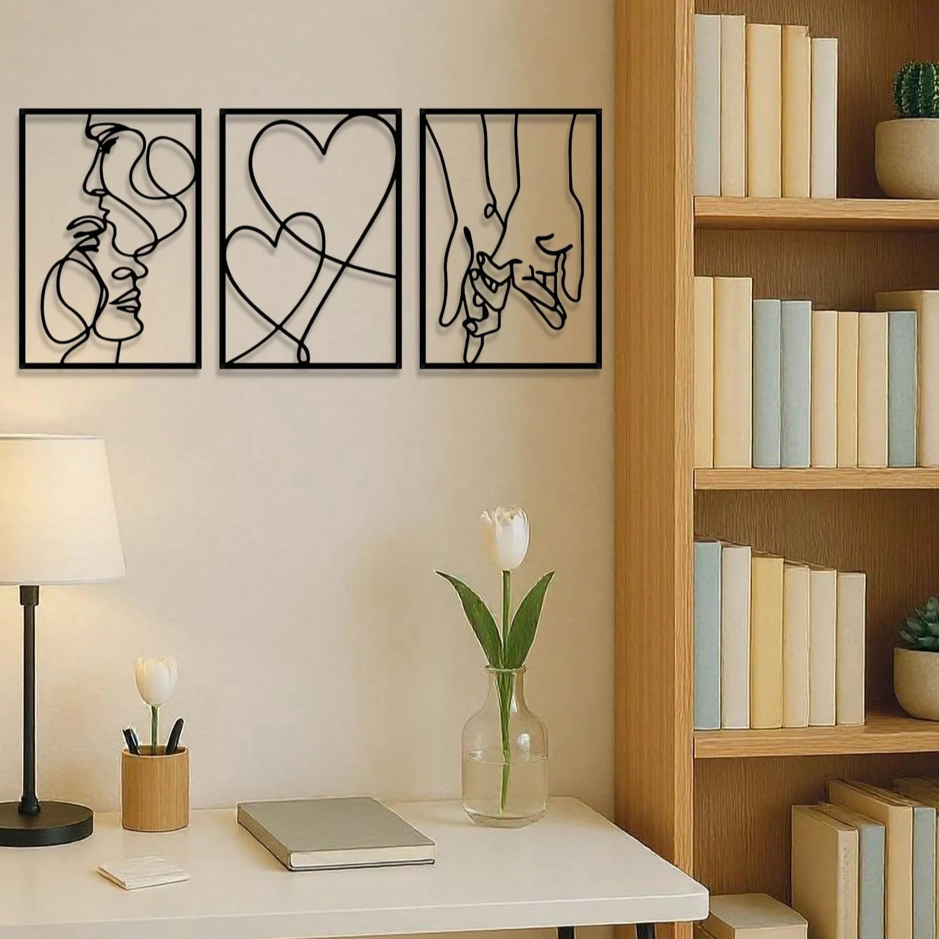 3-Piece Romanticized-Ornate-Design Metal Wall Art Ensemble Depicting Silhouettes