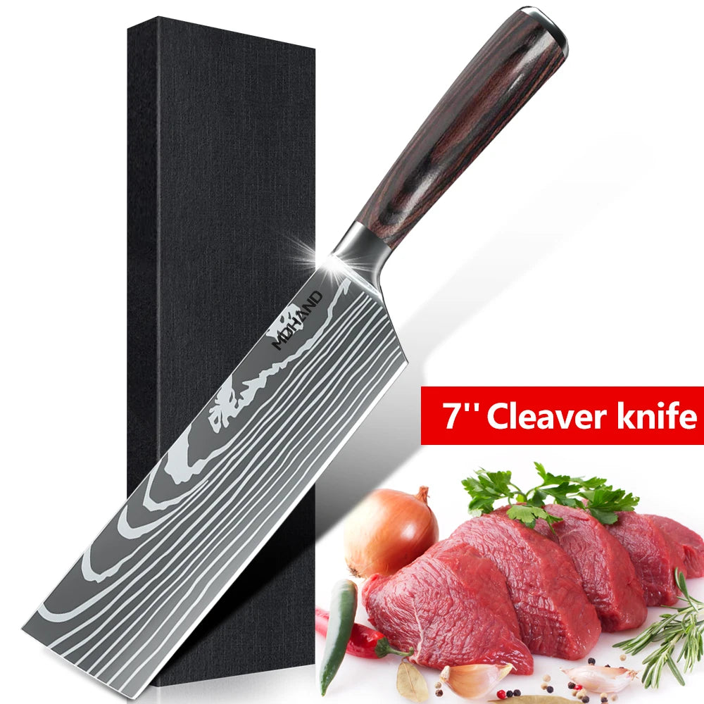 Damascus Pattern Chef Knives Set Stainless Steel Handles