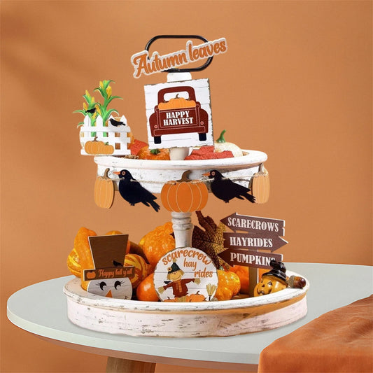Hign-concerned Fall Harvest Tiered Tray Decor Pumpkin Crow