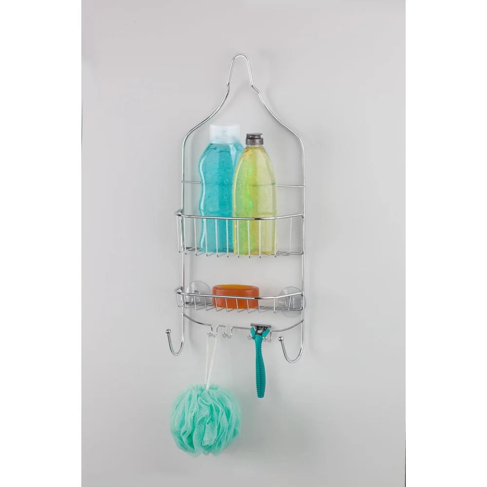 Contoured Metal Shower Caddy Two Shelves Chrome Finish Bathroom Organizer with Six Hooks Accessories Rust Resistant Durable