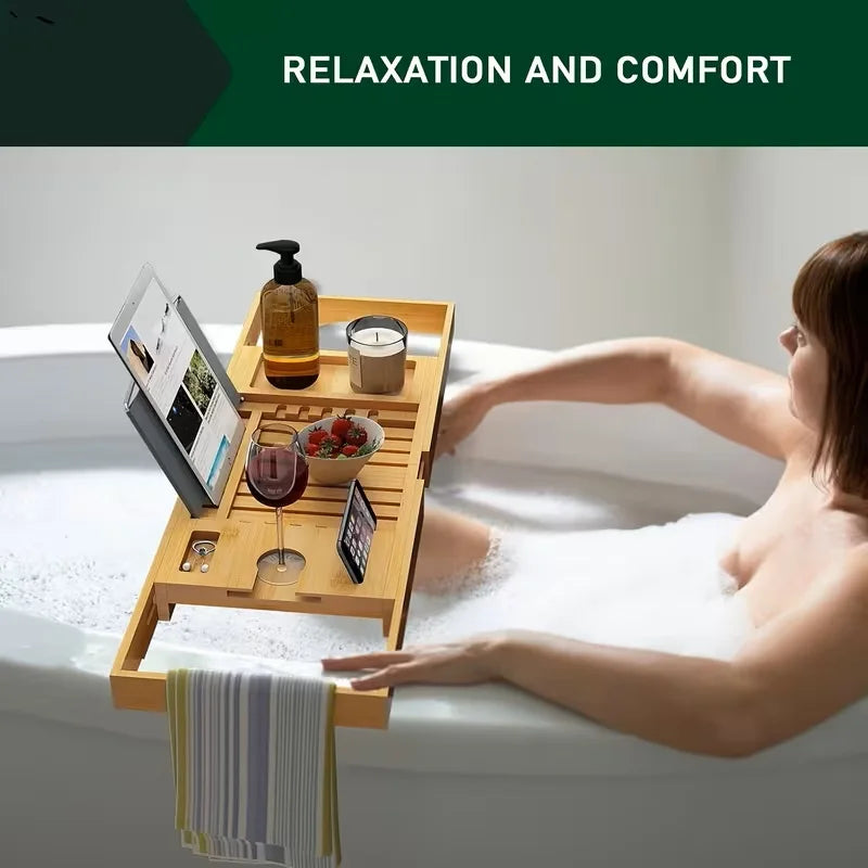 Expandable Bamboo Bathtub Tray With Wine Holder And Book Stand
