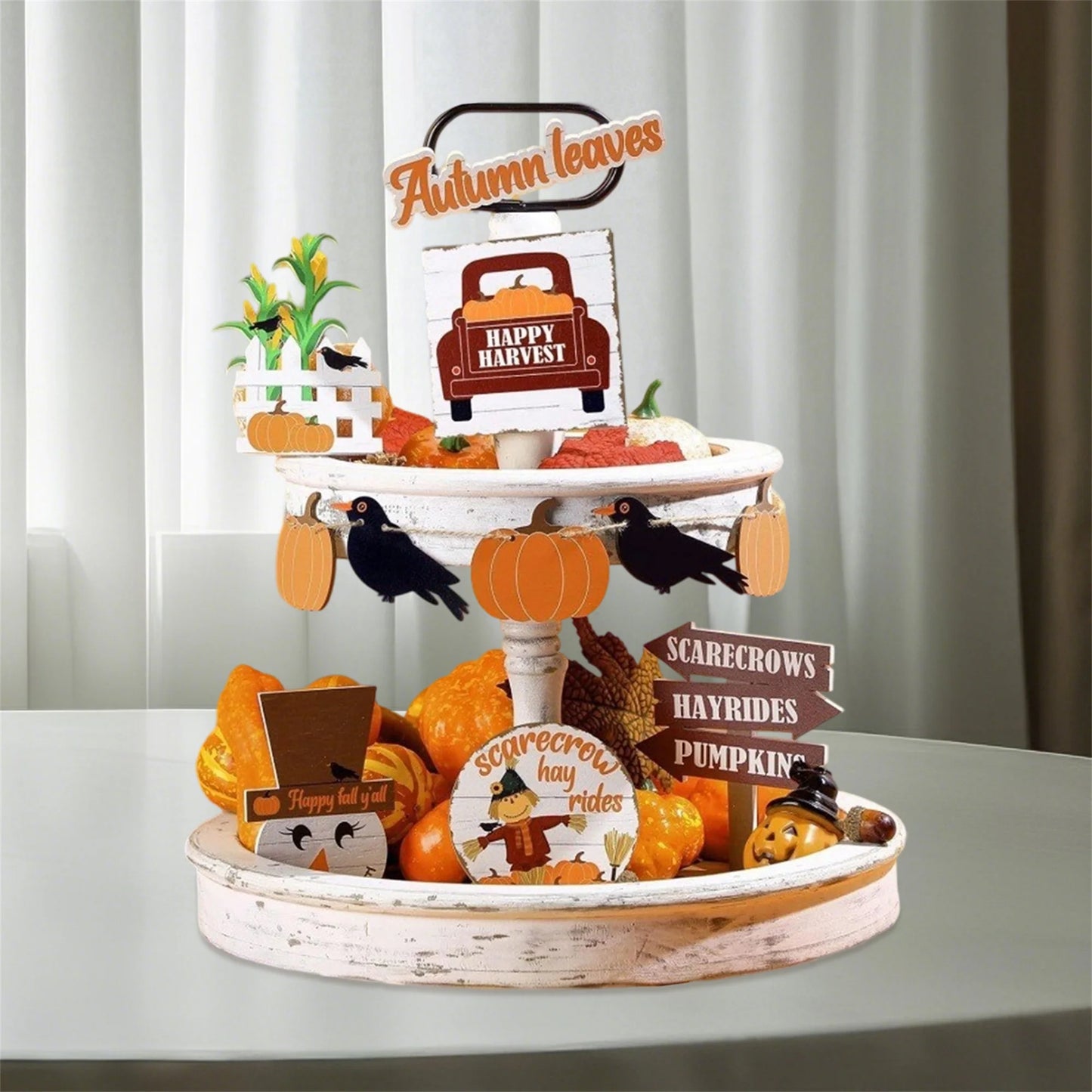 Hign-concerned Fall Harvest Tiered Tray Decor Pumpkin Crow