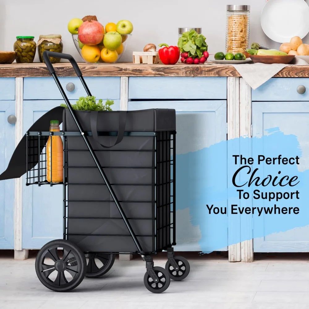 Foldable Lightweight Shopping Cart With Waterproof Basket Liner And Wheels