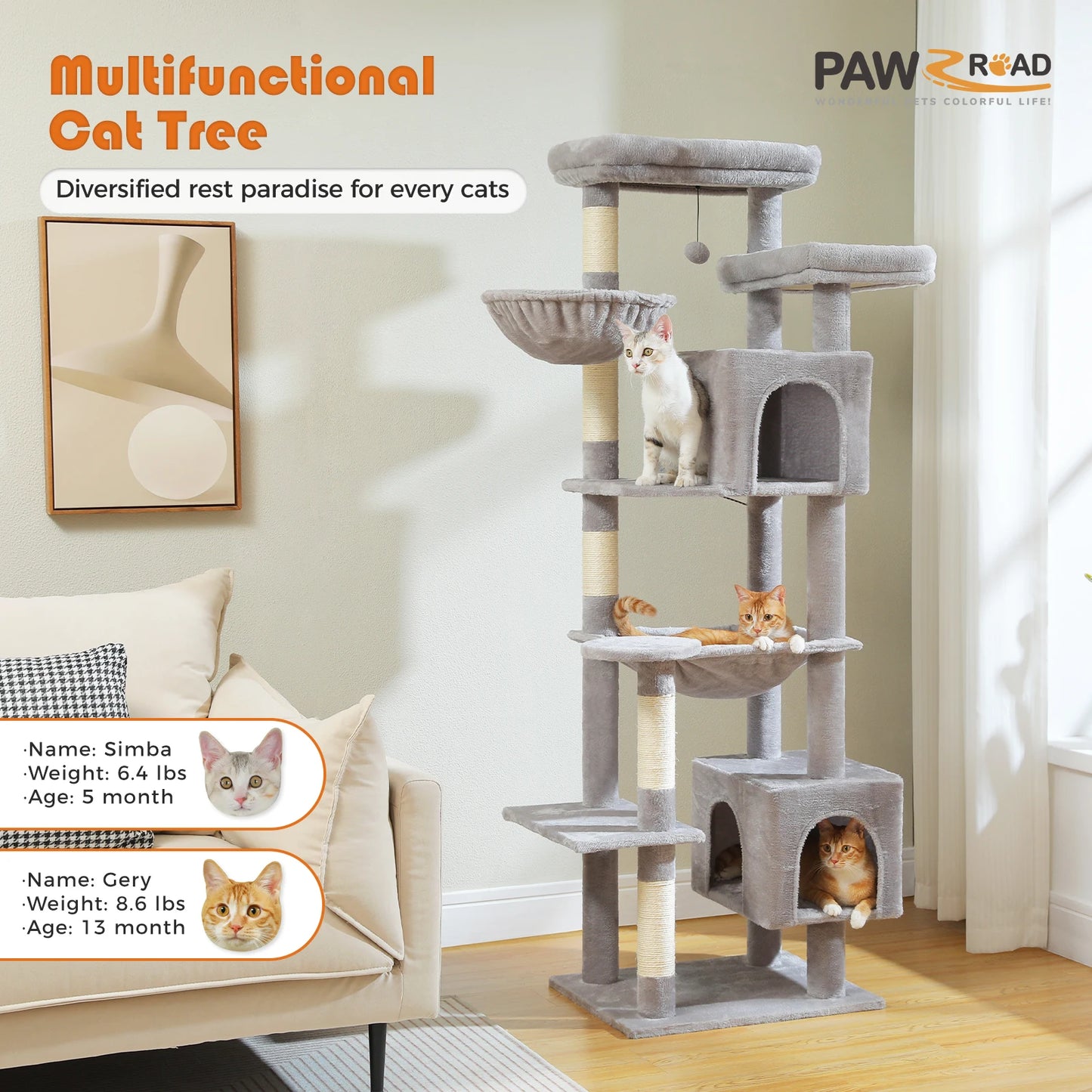 PAWZ Road Five Level Cat Tree Tower With Plush Condo Scratching Posts Boards