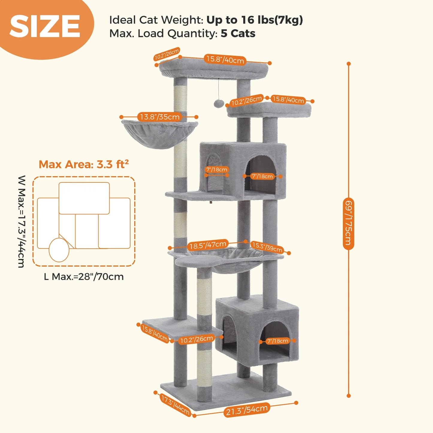 PAWZ Road Five Level Cat Tree Tower With Plush Condo Scratching Posts Boards
