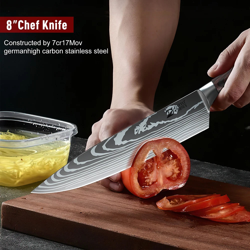 Kitchen Knife Set 7Cr17Mov Stainless Steel Chef Santoku Cleaver