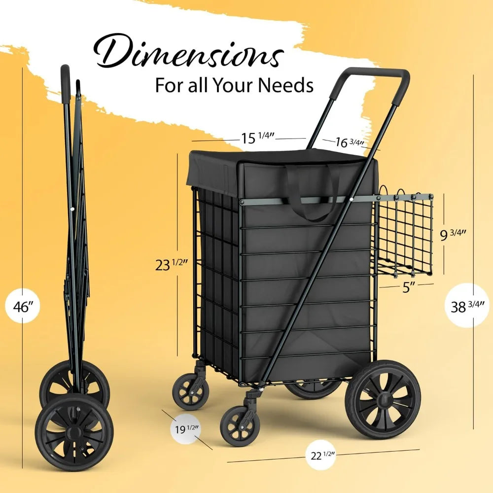 Foldable Lightweight Shopping Cart With Waterproof Basket Liner And Wheels
