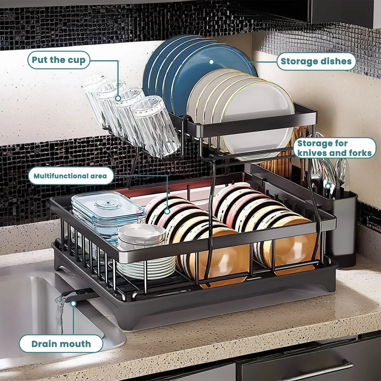 EZHomeEssentials Large 2 Tier Dish Drying Rack Countertop