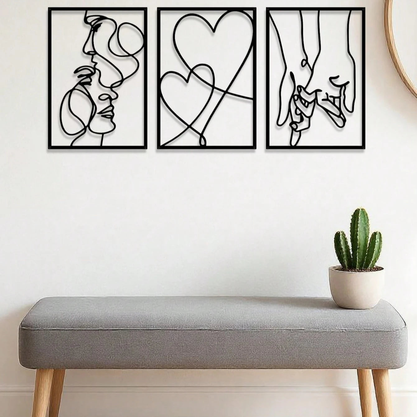 3-Piece Romanticized-Ornate-Design Metal Wall Art Ensemble Depicting Silhouettes